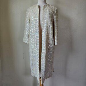 Vintage 60s Silver Cream Iridescent Sequin Opera Coat Mod Hollywood Glam M